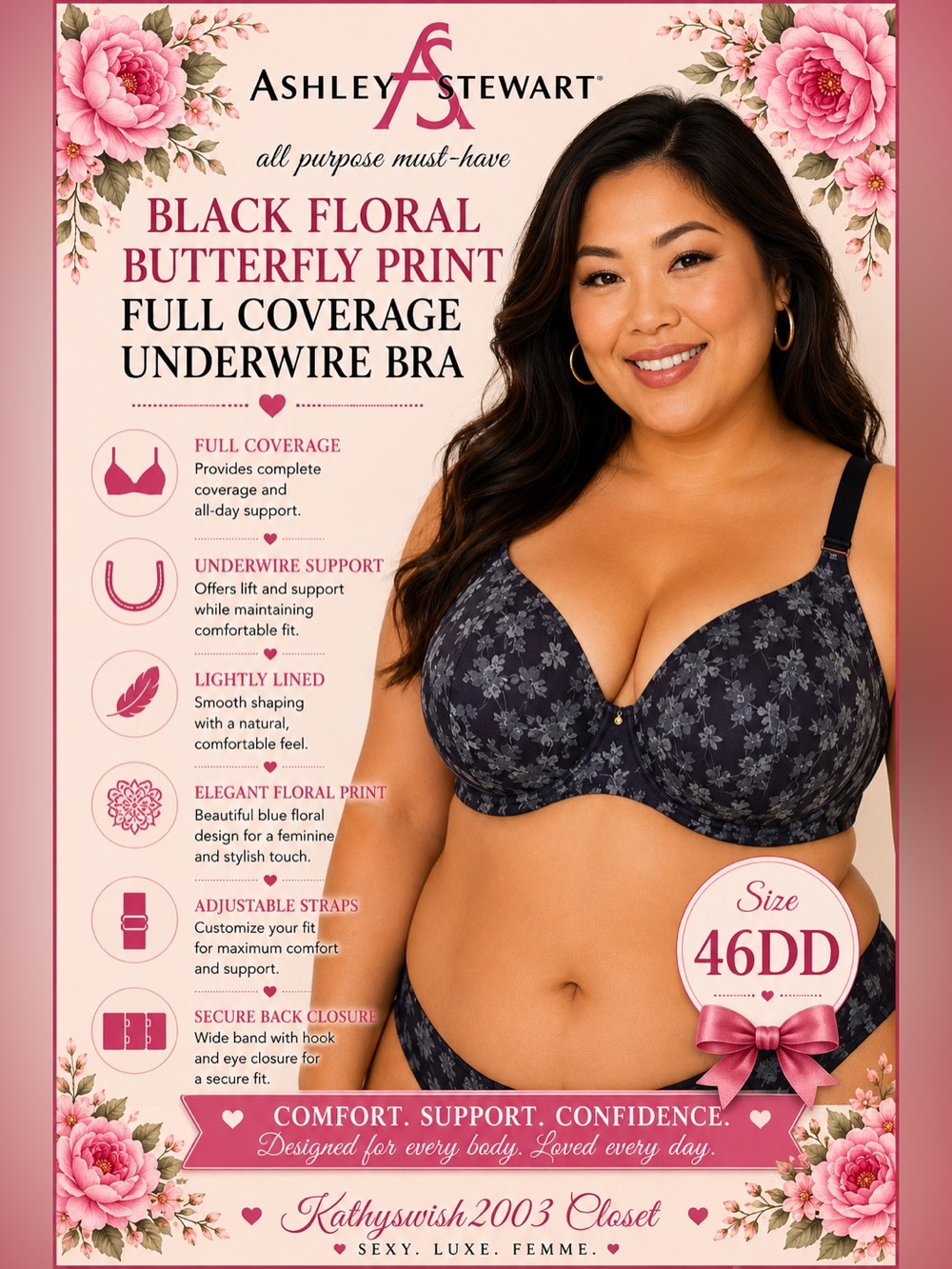 Cacique Lightly Lined Full Coverage Blue Floral Underwire Bra, NEW 46DD